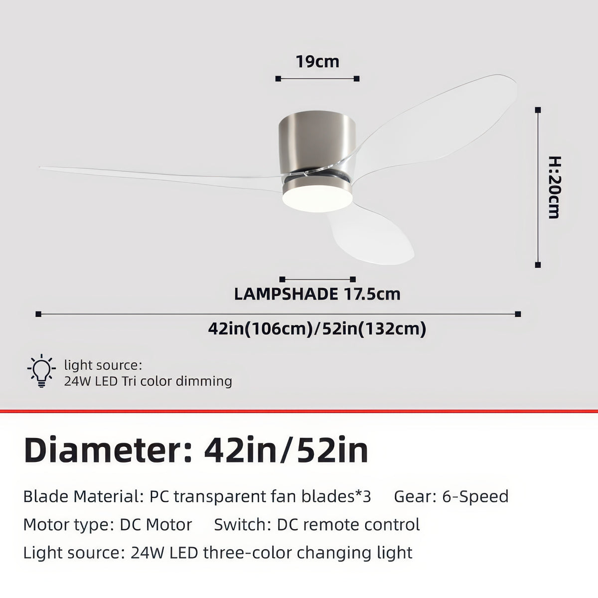 42/52-Inch Ceiling Fan with Transparent Blades and Remote