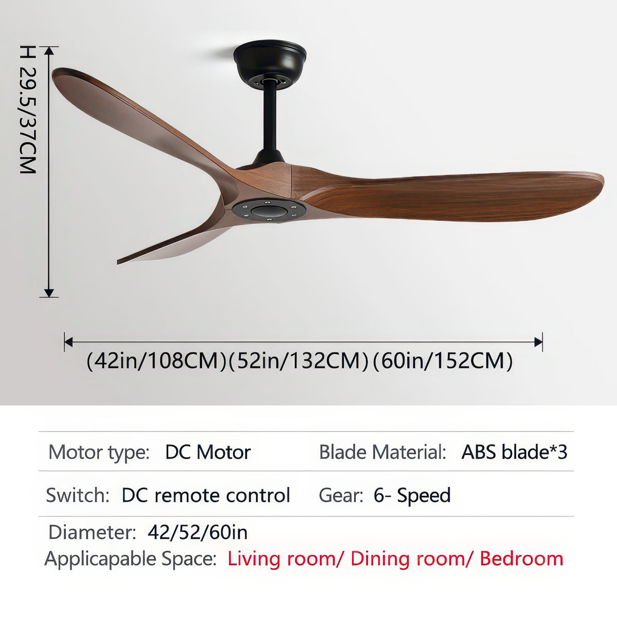 36/42/52/60-Inch Ceiling Fan with Six Speeds, No Light