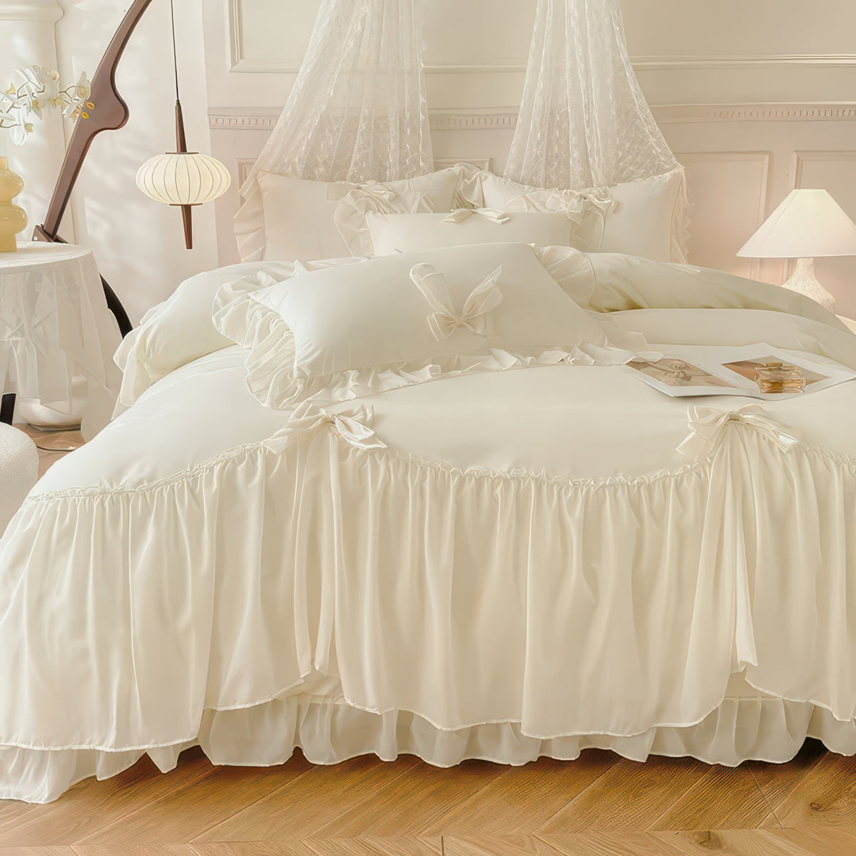 Ruffle Duvet Cover Set – 3pcs White Bedding for Guest Room