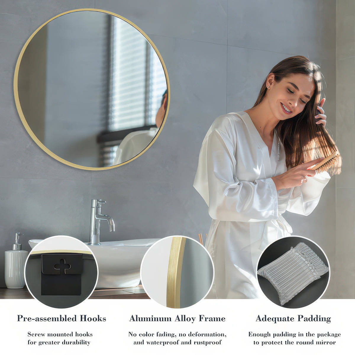 JHK Round Vanity Framed Mirror Matte Metal Frame Tempered Glass 30 Inch