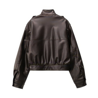 Women's Leather-Effect Blazer Jacket with Stand Collar, All-Season Streetwear