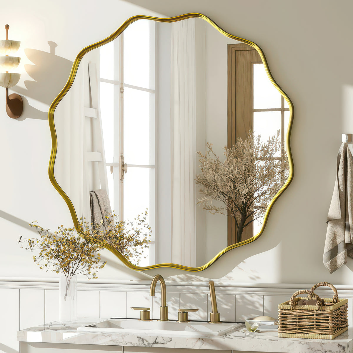 Wavy Round Decorative Bathroom Wall Mirror with Deep Frame, Gold or Black