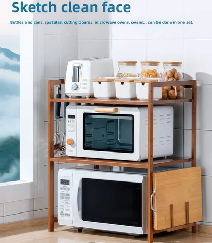 Bamboo Double-Layer Countertop Microwave and Oven Storage Shelf Rack