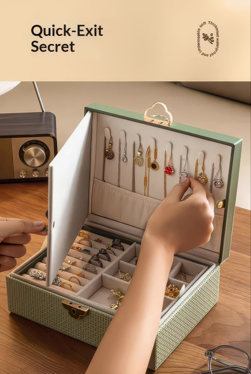 Double-Layer Lockable Jewelry Box with Mirror and 13 Compartments