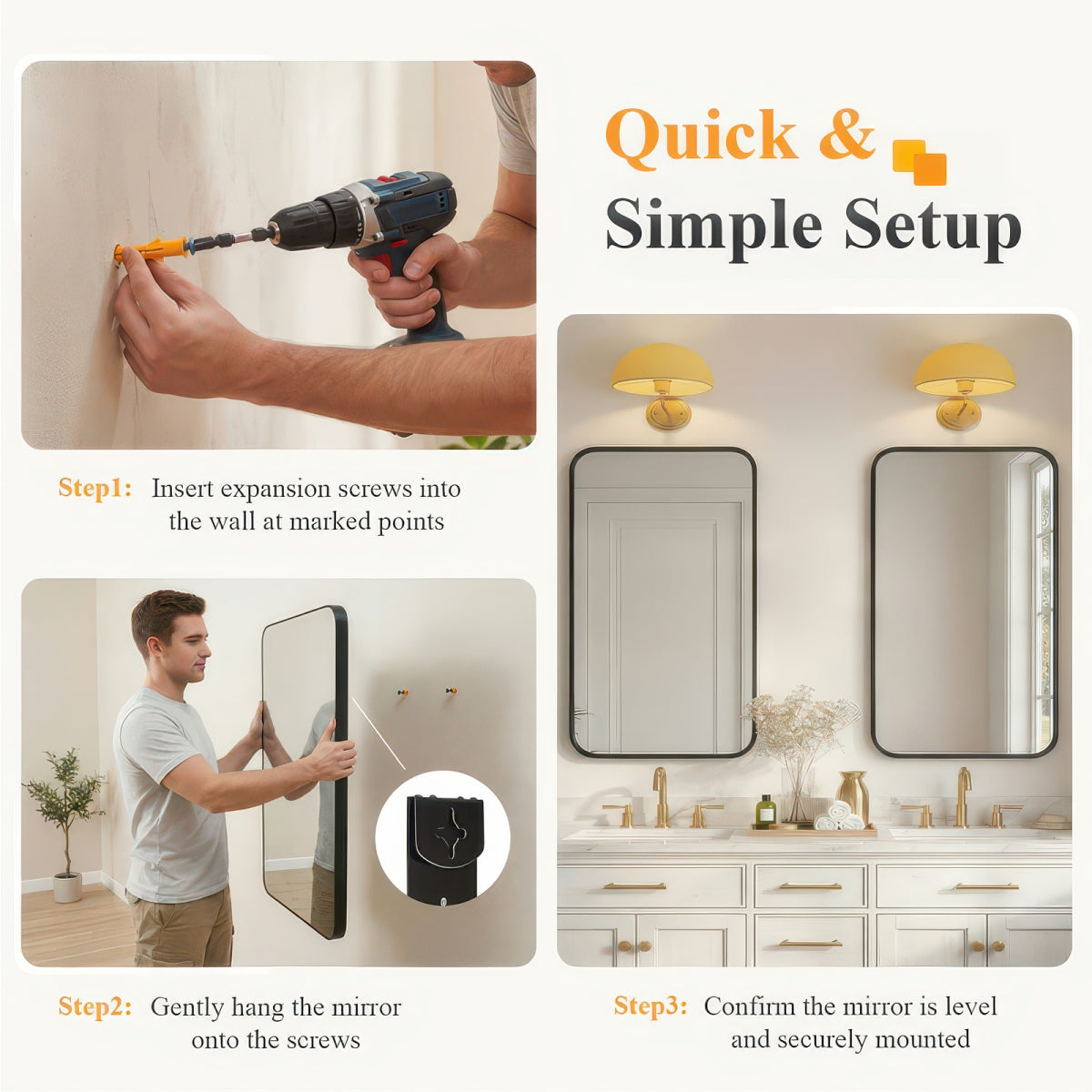 Tempered Glass Wall Mirror with Aluminum Frame, Multiple Sizes, Horizontal or Vertical