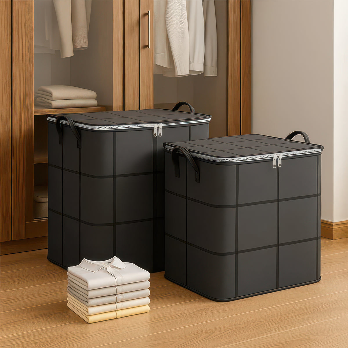Foldable Non-Woven Storage Bag with Handle and Double Zipper