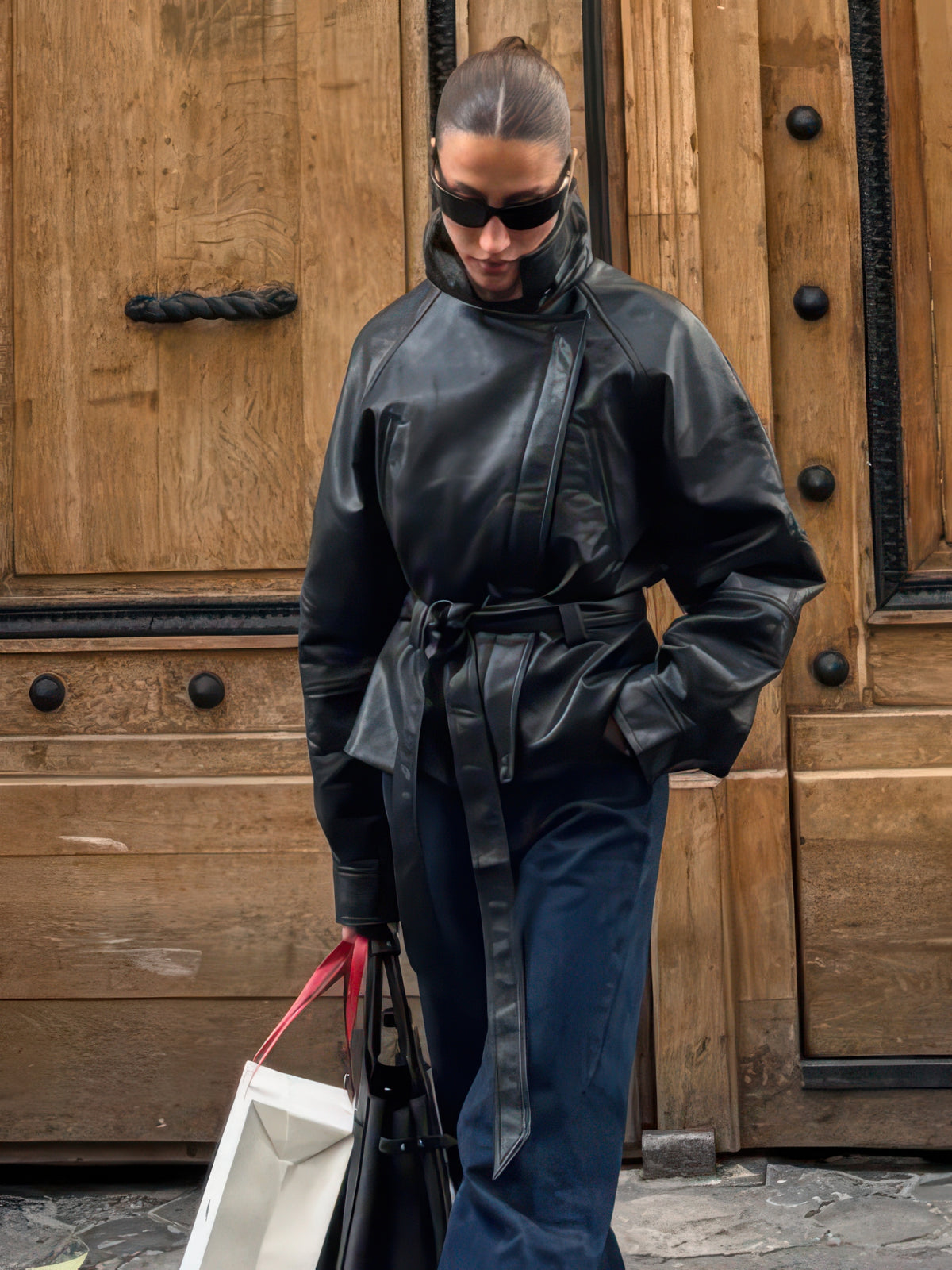 Women's Faux Leather Trench Jacket with Belt, Lapel Moto Coat in Black, Wine Red and Brown