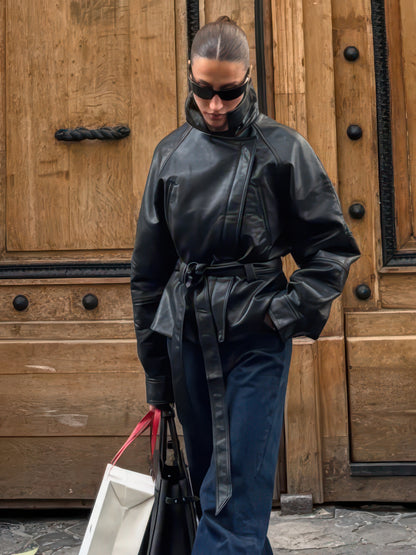 Women's Faux Leather Trench Jacket with Belt, Lapel Moto Coat in Black, Wine Red and Brown