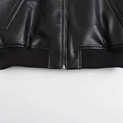 Women's Short Faux Leather Pilot Jacket, Slim Zip-Up Coat for Autumn