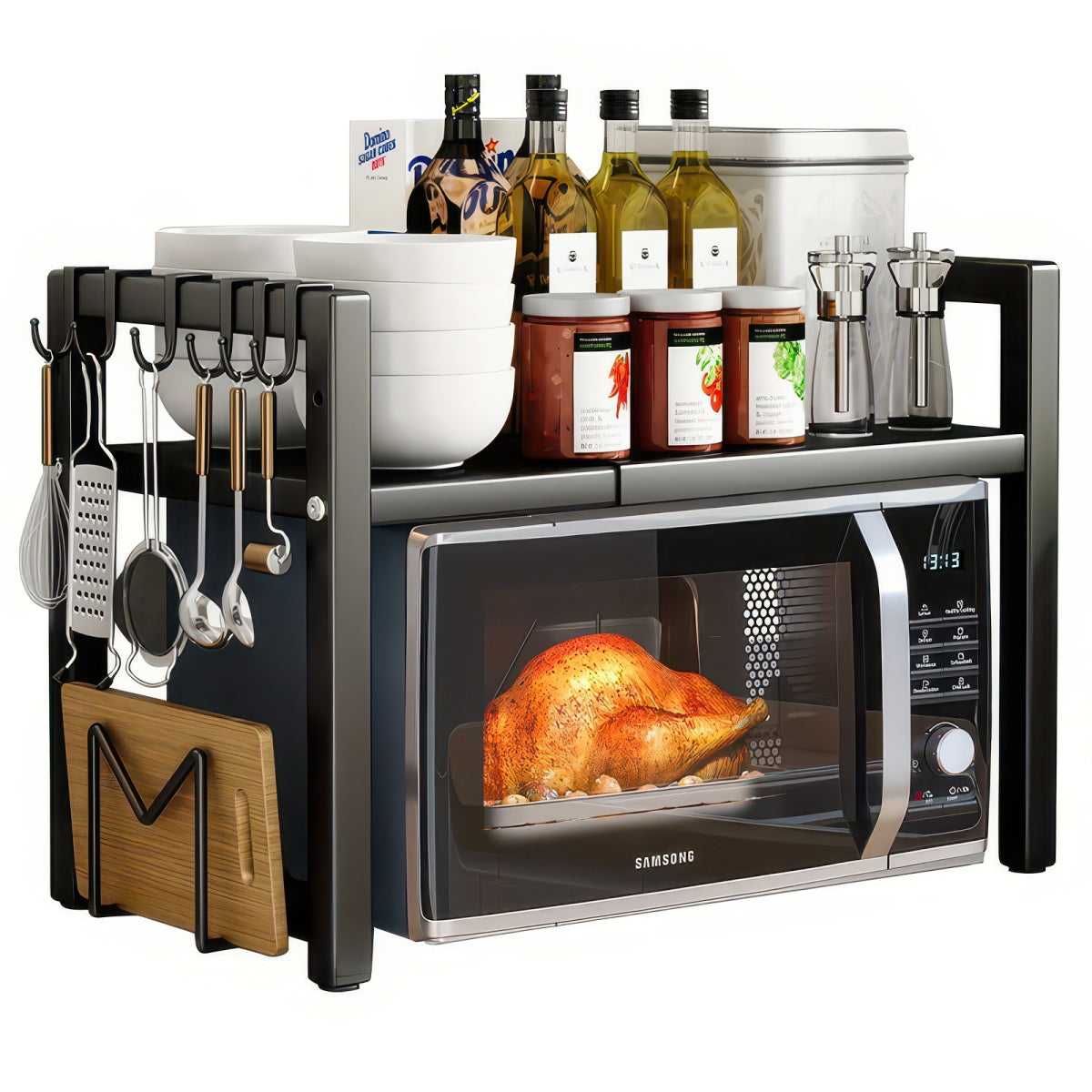 Expandable Microwave Shelf with 6 Hooks Kitchen Storage Rack Extendable 40-64cm