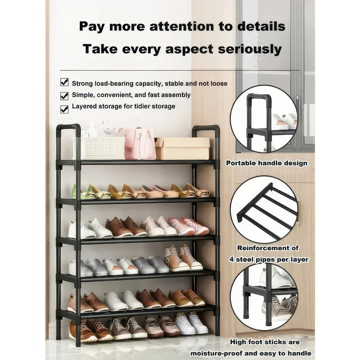 Two-to-Four-Tier Shoe Rack with Elevated Storage Shelves