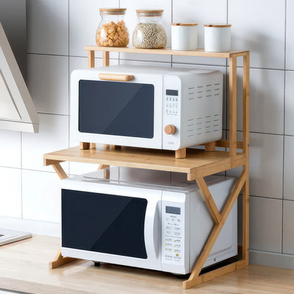 Bamboo Double-Layer Countertop Microwave and Oven Storage Shelf Rack