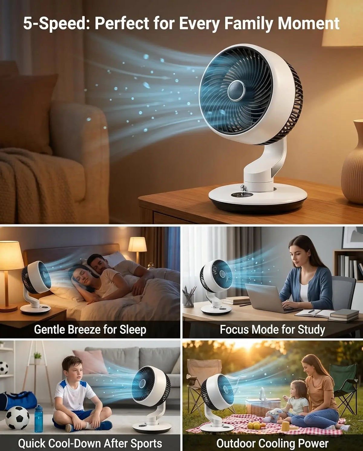 Rechargeable Desk Fan with 120° Oscillation and 90° Tilt