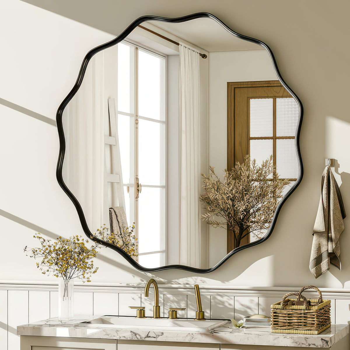 Wavy Round Decorative Bathroom Wall Mirror with Deep Frame, Gold or Black