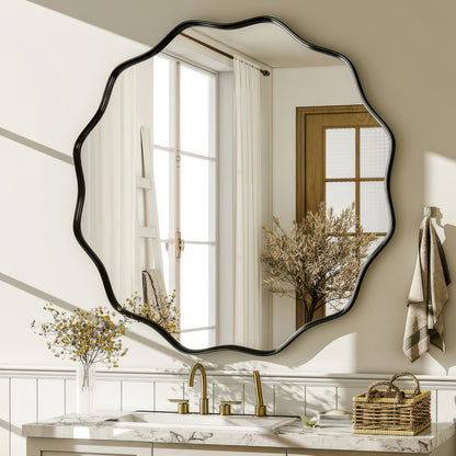 Wavy Round Decorative Bathroom Wall Mirror with Deep Frame, Gold or Black