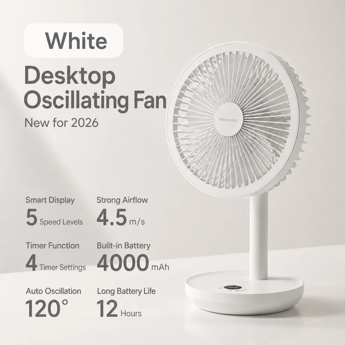 Rechargeable Oscillating Desk Fan with Five Speeds