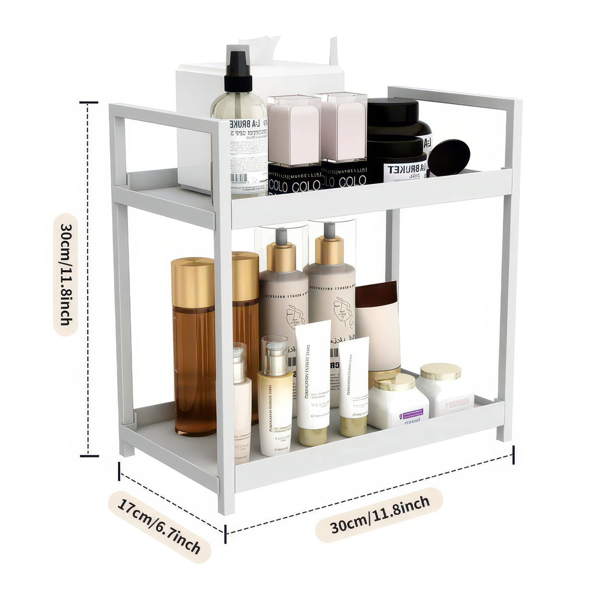 2-Tier Desktop Shelf Iron & PP Organizer for Makeup Countertop 30x17x30cm