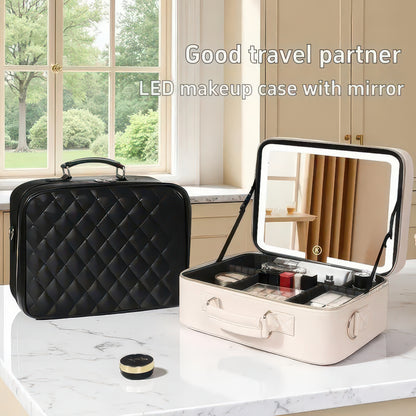 Large Portable Makeup Bag with LED Light and Mirror, Removable Partition, PVC