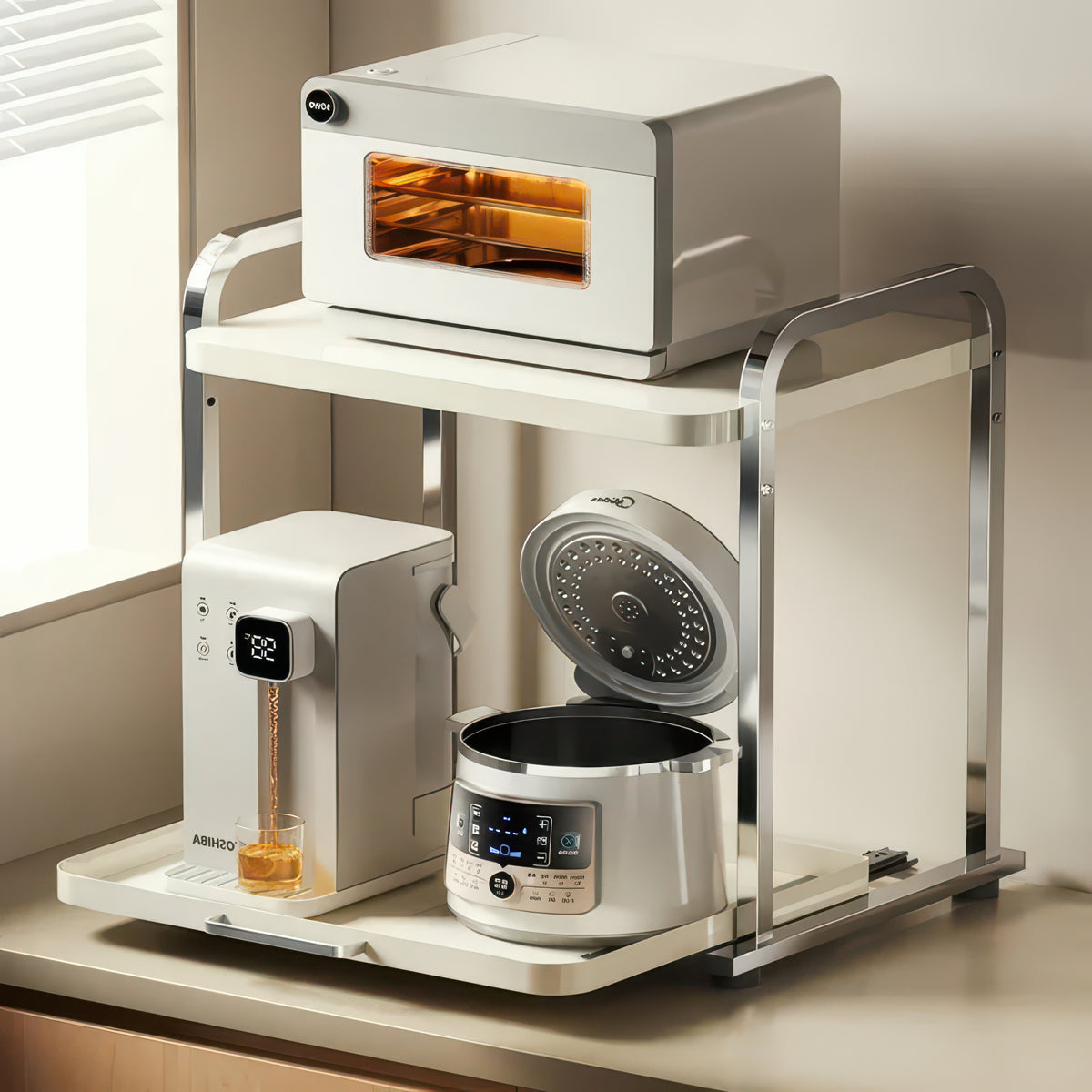 2-Layer Pull-Out Microwave Oven & Free-Standing Kitchen Storage Shelf