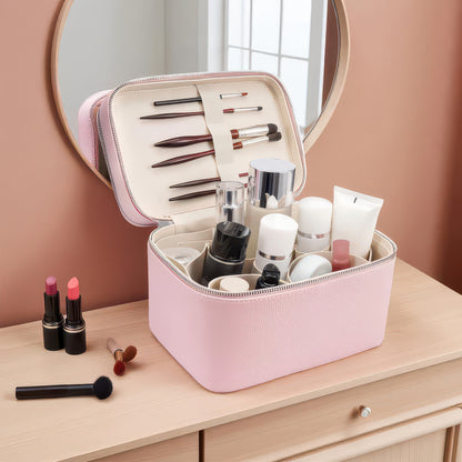 Double-Layer PU Makeup and Skincare Storage Box with Zipper