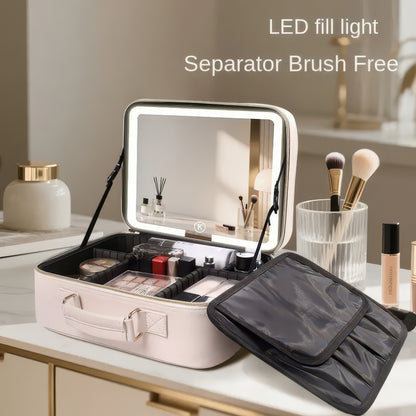 Large Portable Makeup Bag with LED Light and Mirror, Removable Partition, PVC
