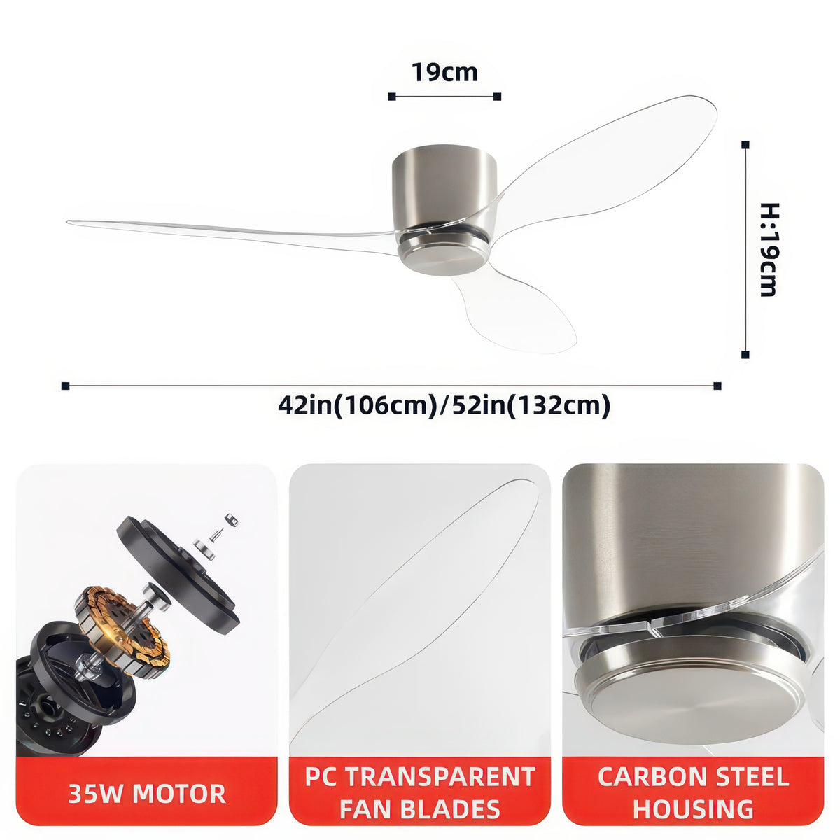 42/52-Inch Ceiling Fan with Transparent Blades and Remote