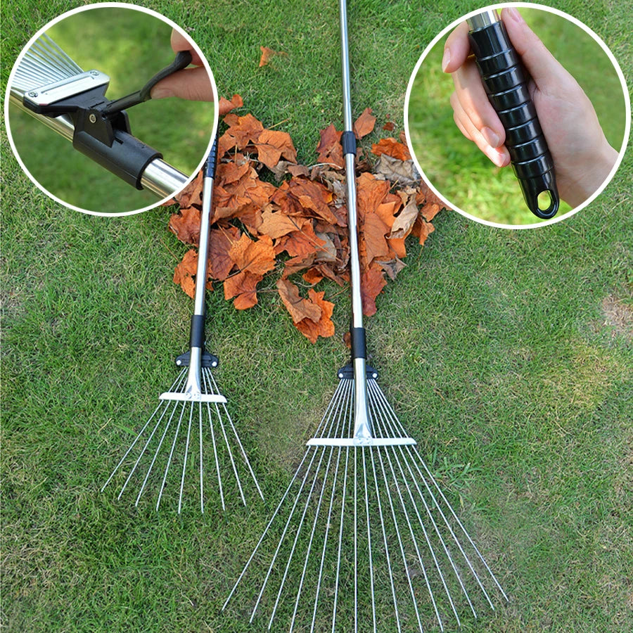 Steel Garden Rake - Retractable Handle Multi-Tool Rake