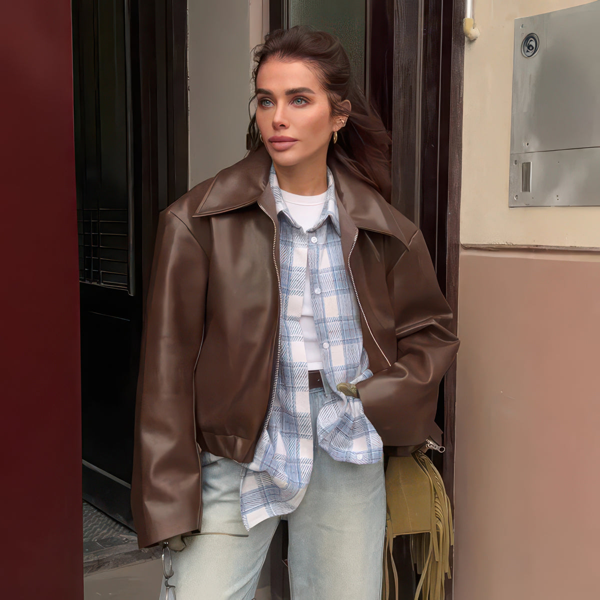Women's Faux Leather Jacket in Burgundy and Champagne, Lapel Zip-Up Street Coat