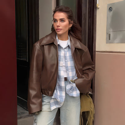 Women's Faux Leather Jacket in Burgundy and Champagne, Lapel Zip-Up Street Coat