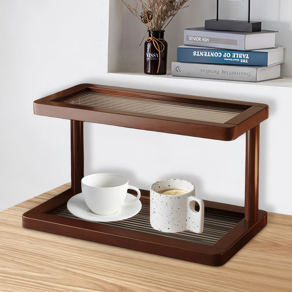 2-Tier Bamboo Countertop Shelf with Clear Acrylic Bottom for Cosmetics & Spices