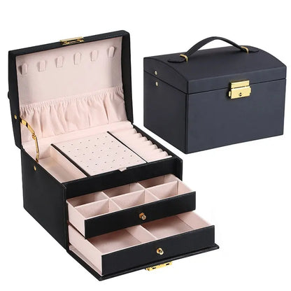 Drawer Jewelry Box – Three Layer Leather Lockable Case