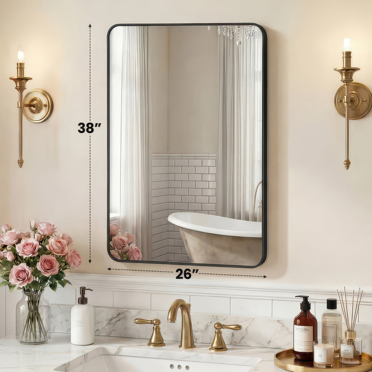 Tempered Glass Wall Mirror with Aluminum Frame, Multiple Sizes, Horizontal or Vertical
