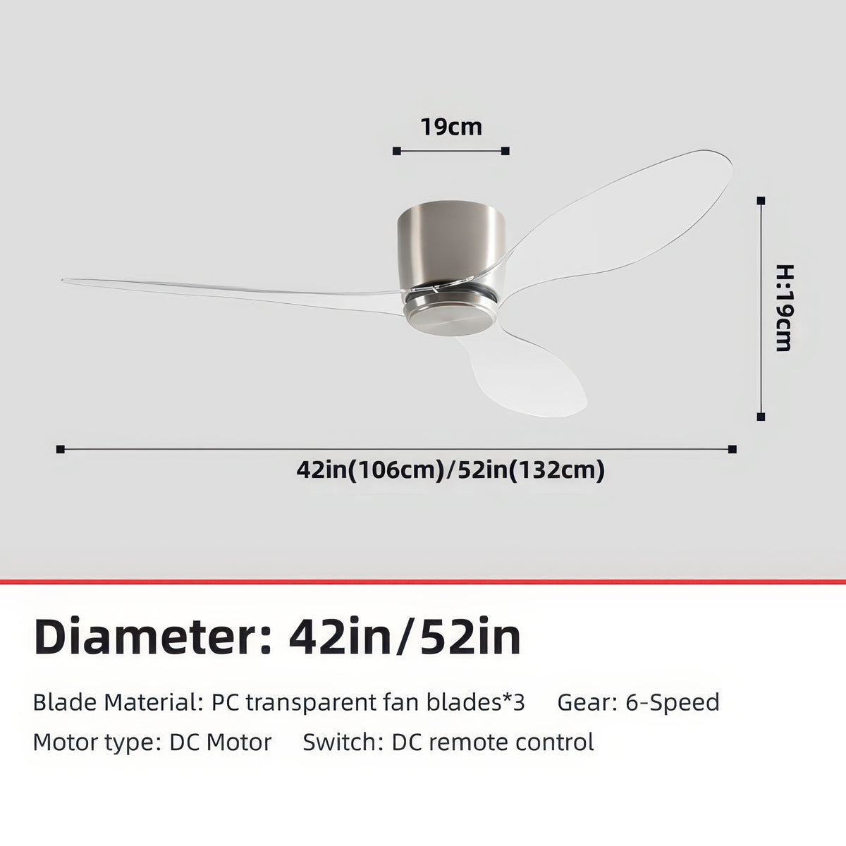 42/52-Inch Ceiling Fan with Transparent Blades and Remote