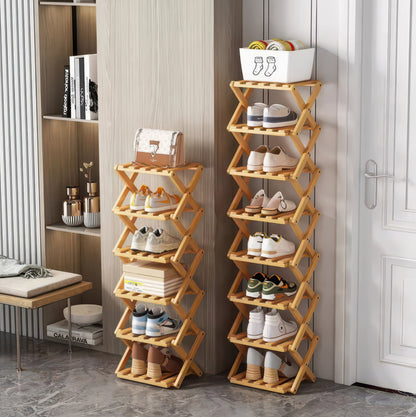 Foldable Bamboo Shoe Rack with Two-to-Nine-Tier Options