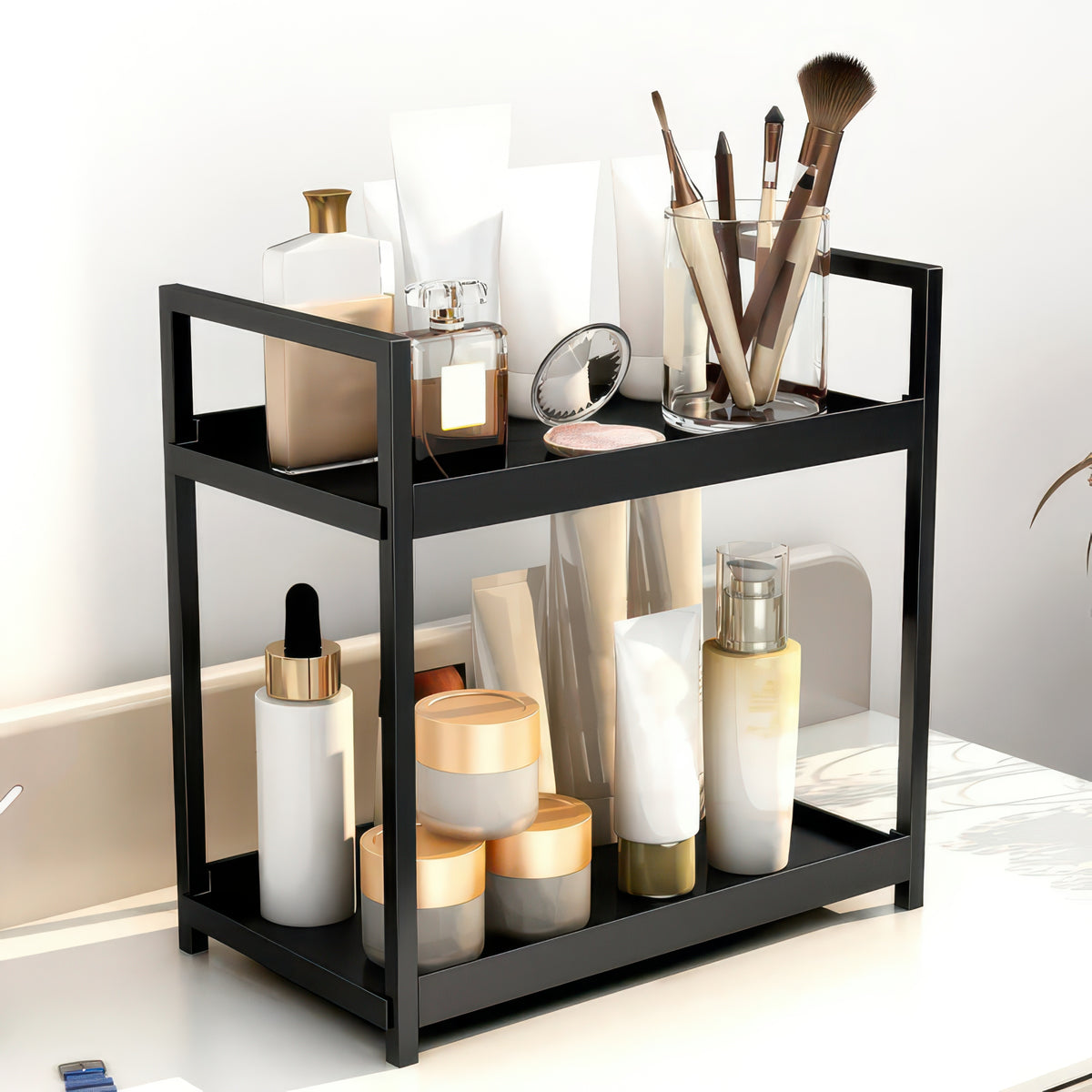 2-Tier Desktop Shelf Iron & PP Organizer for Makeup Countertop 30x17x30cm