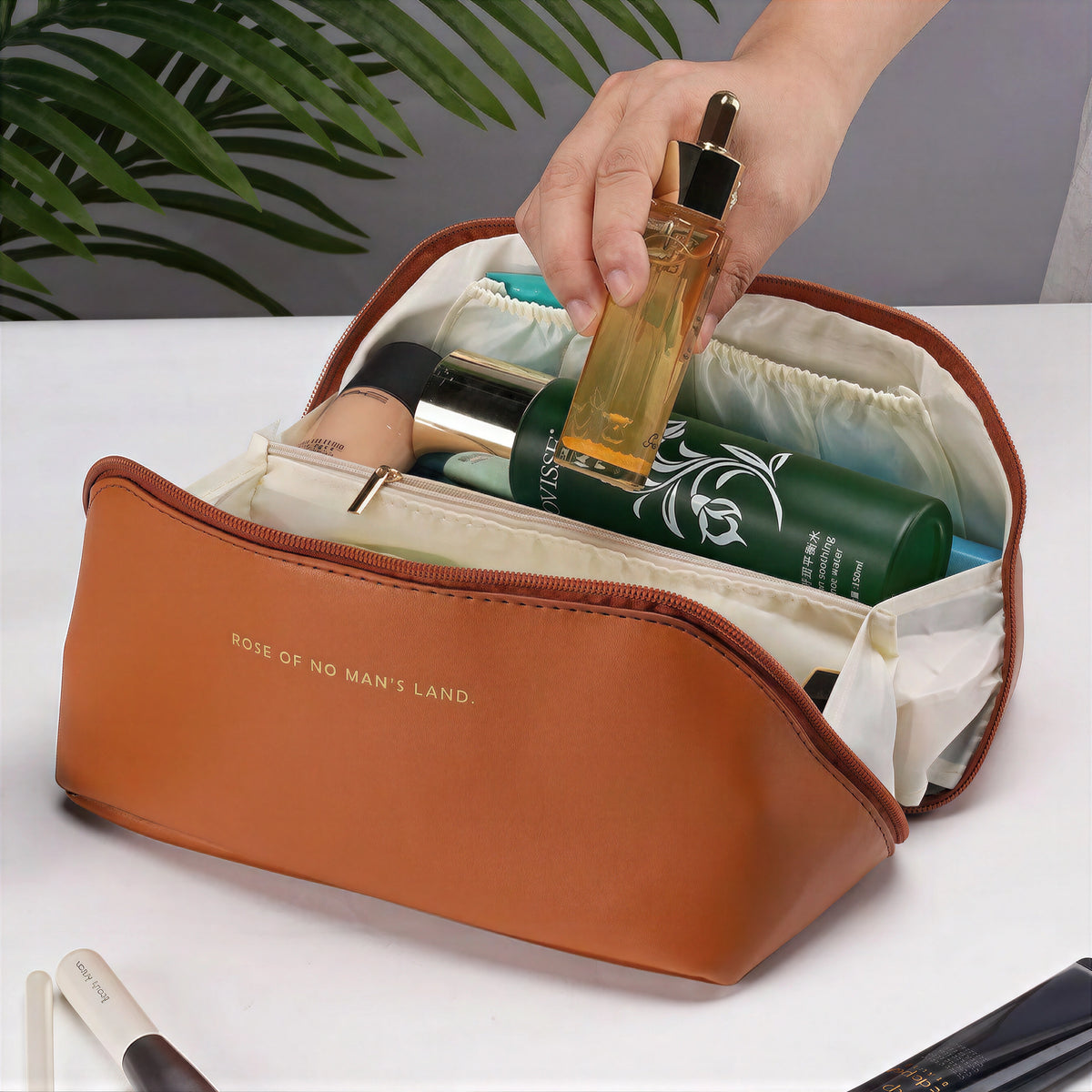 Leather Makeup Bag – Large Travel Toiletry Organizer