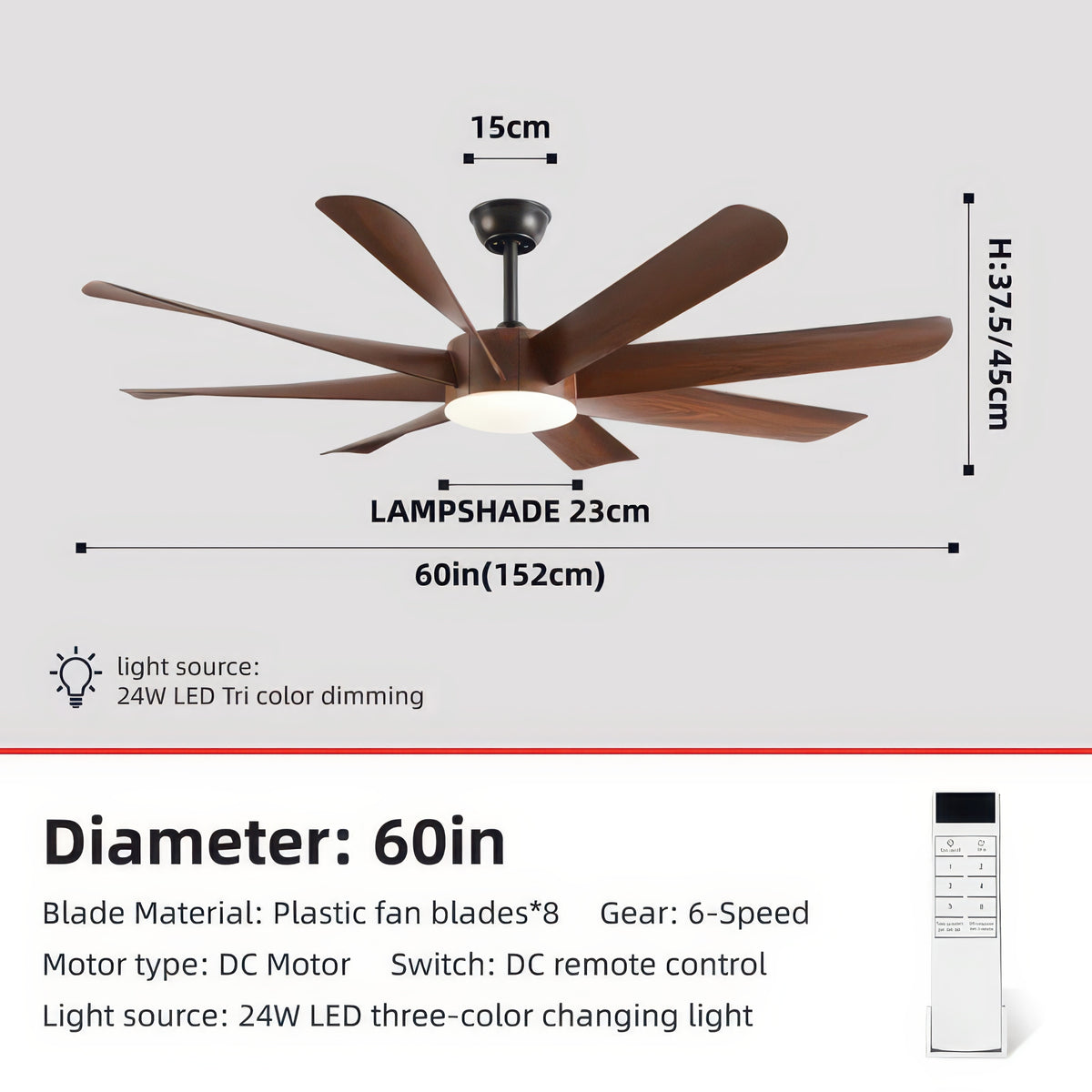 FUMANJIA 60-Inch Ceiling Fan with Light for Home – 8 Blades, Remote