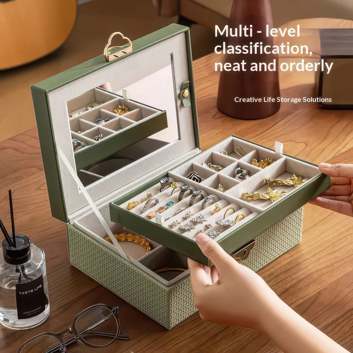 Double-Layer Lockable Jewelry Box with Mirror and 13 Compartments