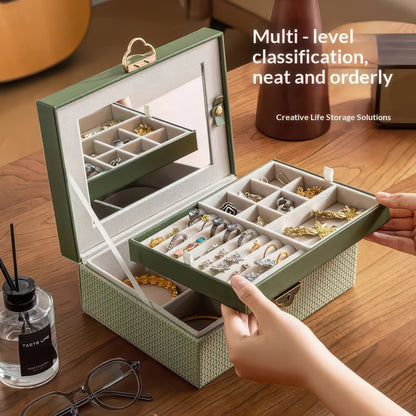 Double-Layer Lockable Jewelry Box with Mirror and 13 Compartments