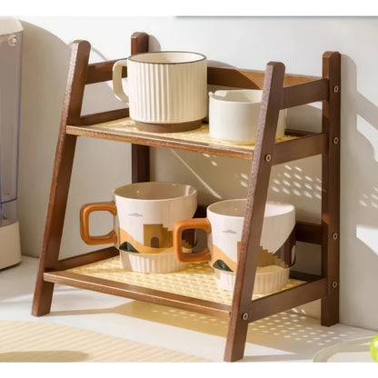2-Tier Retro Bamboo Storage Shelf - Countertop Organizer for Kitchen & Dressing Table