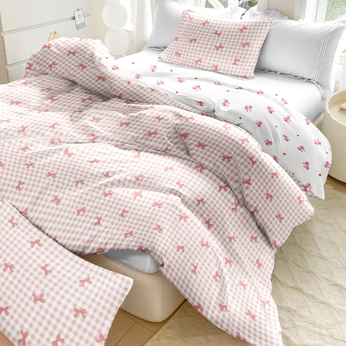 Plaid Duvet Cover Set – Bow Print 3pcs Soft Bedding