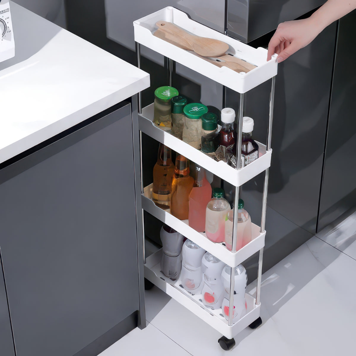 Push Trolley Multi-Layer Floor Storage Shelf for Bathroom and Kitchen (Slim)