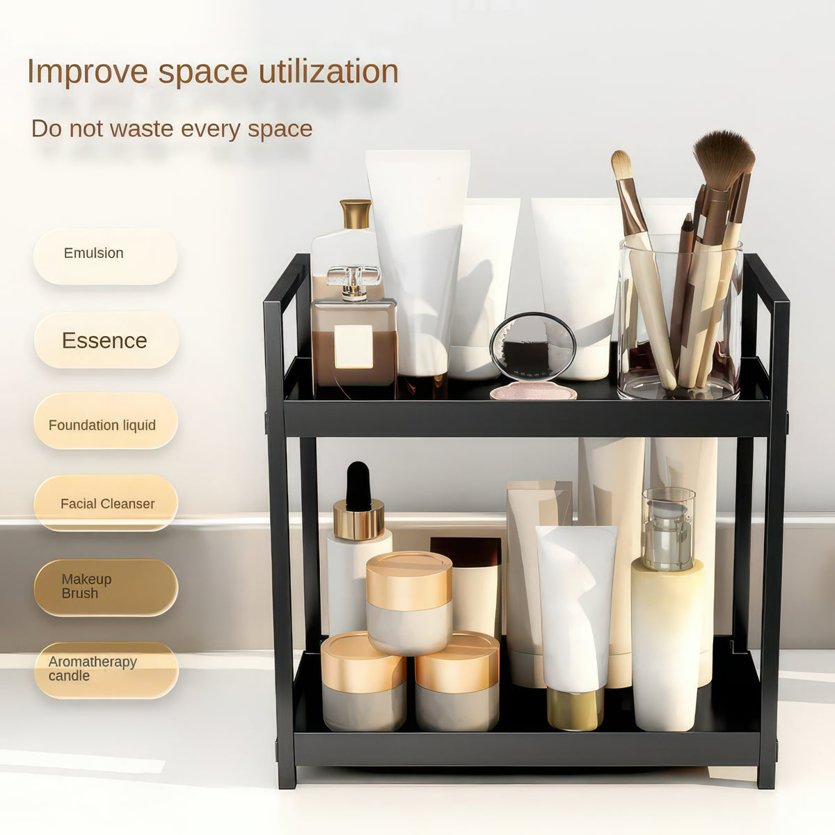 2-Tier Desktop Shelf Iron & PP Organizer for Makeup Countertop 30x17x30cm