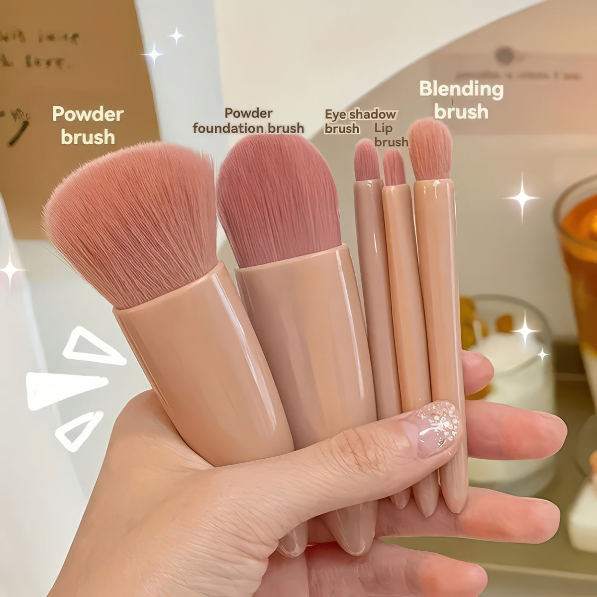 5-Piece Portable Makeup Brush Set with Foldable Mirror Case