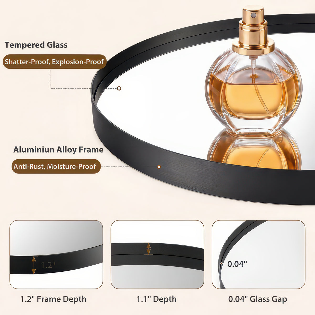 Groove Round Framed Wall Vanity Mirror, Matte Metal Frame