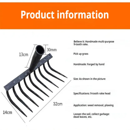Garden Nail Rake - 9-Tooth Manganese Steel Rake