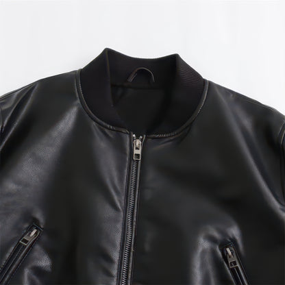 Women's Short Faux Leather Pilot Jacket, Slim Zip-Up Coat for Autumn