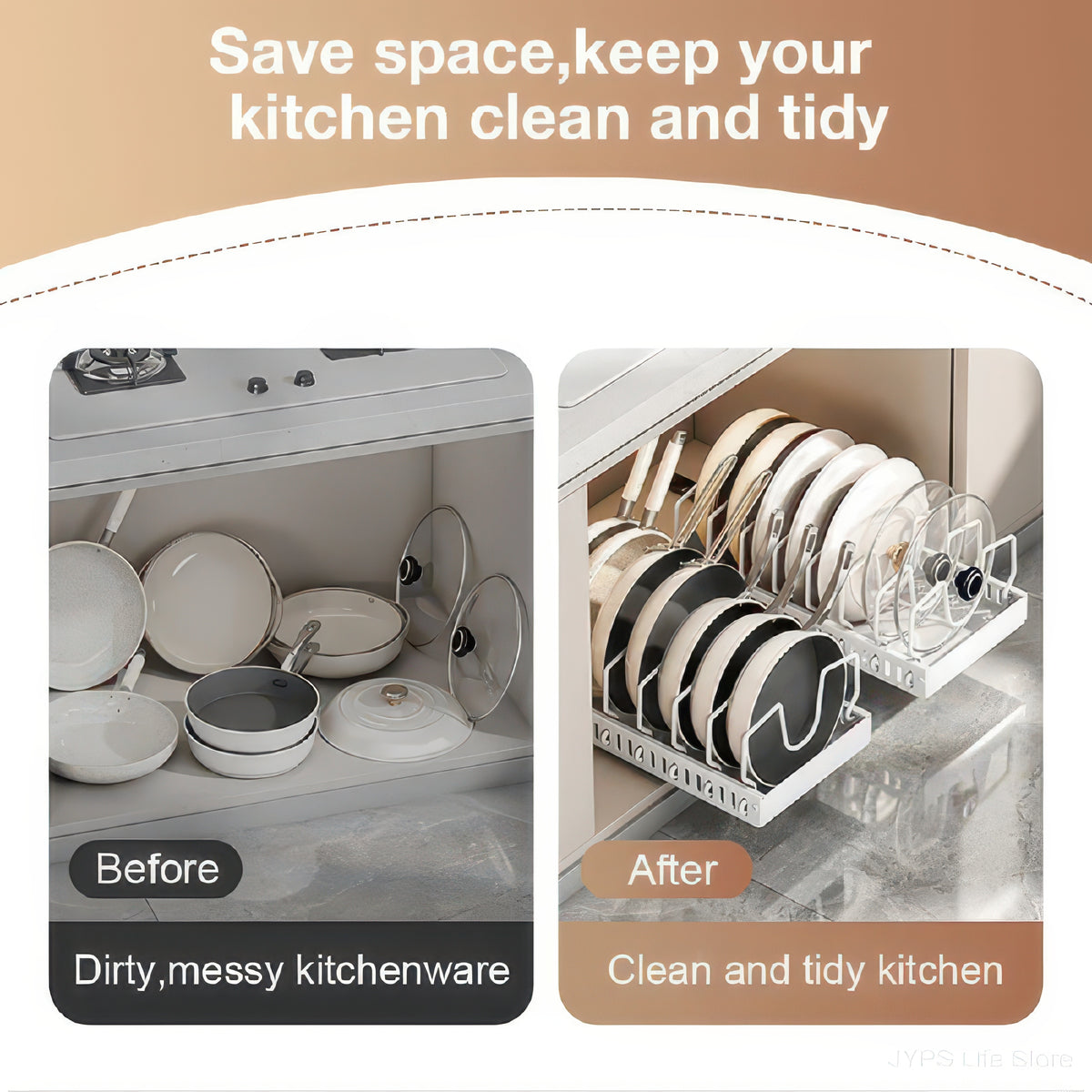Under-Cabinet Sliding Pots and Pans Organizer with 8 Adjustable Dividers