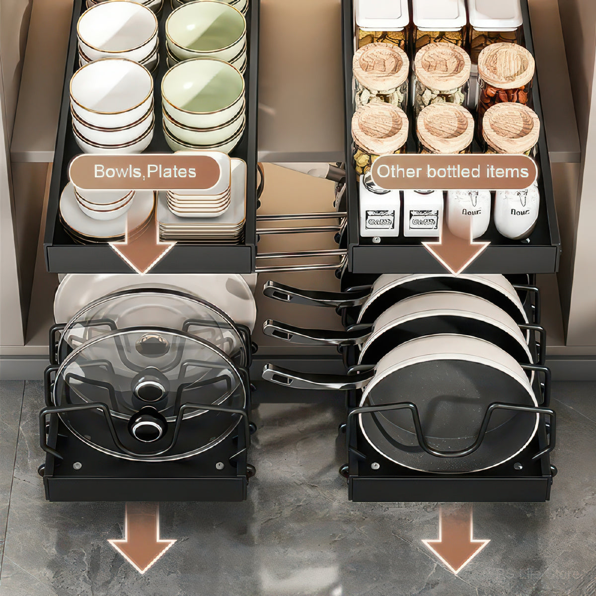 Under-Cabinet Sliding Pots and Pans Organizer with 8 Adjustable Dividers
