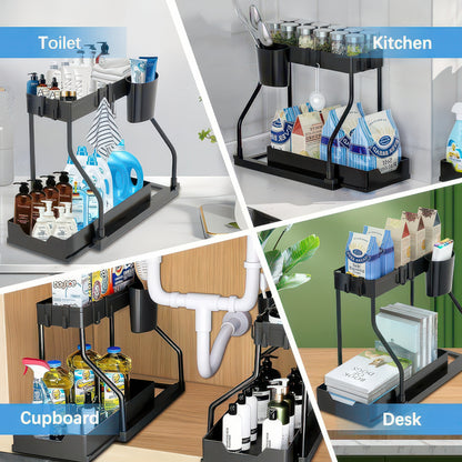 Space Saving 2-Tier Under-Sink Pull-Out Storage Organizer for Kitchen & Bathroom